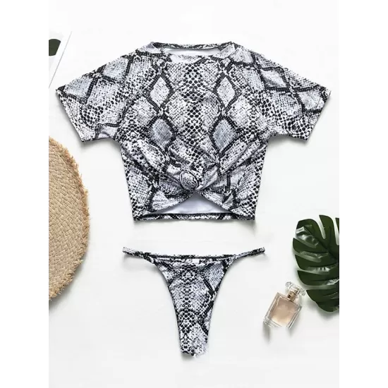 Animal Printing Round-Neck Short Sleeve Brazilian Tankini Swimwear Animal Printing Round-Neck Short Sleeve Brazilian Tankini Swimwear