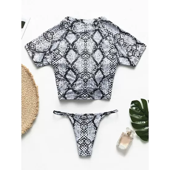 Animal Printing Round-Neck Short Sleeve Brazilian Tankini Swimwear Animal Printing Round-Neck Short Sleeve Brazilian Tankini Swimwear
