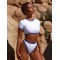 Color-Block Round-Neck Short Sleeve Hipster Slim Tankini Swimwear