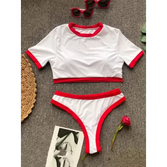 Color-Block Round-Neck Short Sleeve Hipster Slim Tankini Swimwear Color-Block Round-Neck Short Sleeve Hipster Slim Tankini Swimwear