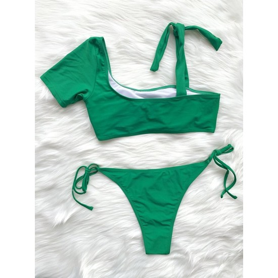 Asymmetric Sleeve Solid Color Padded Bralette Brazilian Stylish Bikini Swimwear Asymmetric Sleeve Solid Color Padded Bralette Brazilian Stylish Bikini Swimwear