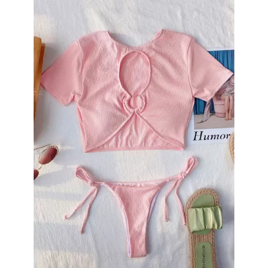 Short Sleeve Hollow Padded Tie Side Solid Color Tankini Swimwear Short Sleeve Hollow Padded Tie Side Solid Color Tankini Swimwear