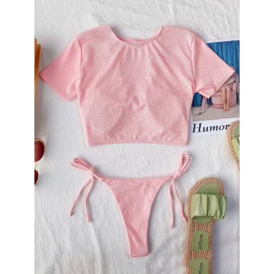 Short Sleeve Hollow Padded Tie Side Solid Color Tankini Swimwear Short Sleeve Hollow Padded Tie Side Solid Color Tankini Swimwear