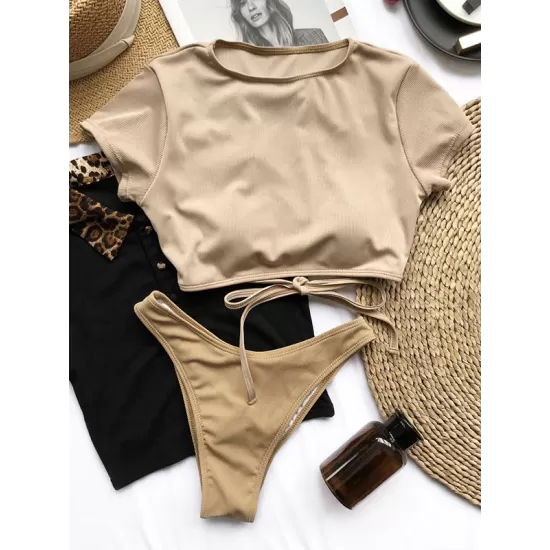 Round-Neck Short Sleeve Paaded Backless Hipster Tankini Swimwear Round-Neck Short Sleeve Paaded Backless Hipster Tankini Swimwear
