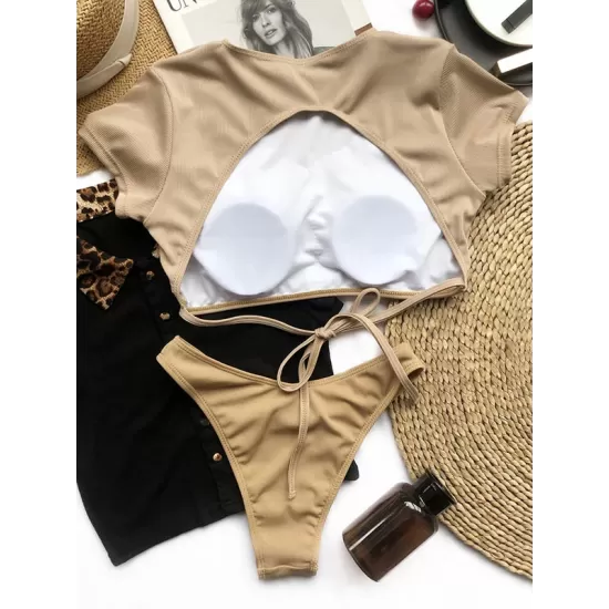 Round-Neck Short Sleeve Paaded Backless Hipster Tankini Swimwear Round-Neck Short Sleeve Paaded Backless Hipster Tankini Swimwear