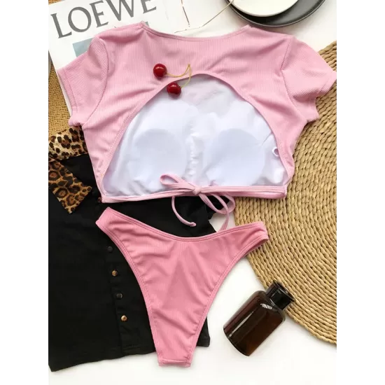 Round-Neck Short Sleeve Paaded Backless Hipster Tankini Swimwear Round-Neck Short Sleeve Paaded Backless Hipster Tankini Swimwear