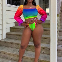 Rainbow Gradient Square-Neck Long Sleeve Hipster Fashion Tankini Swimwear