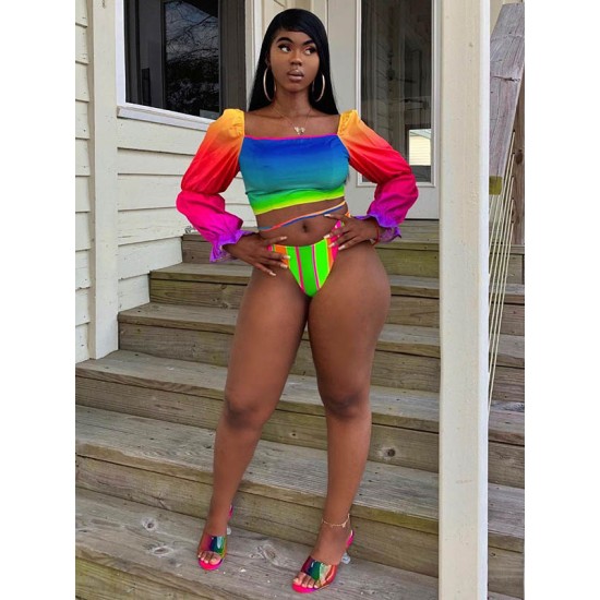 Rainbow Gradient Square-Neck Long Sleeve Hipster Fashion Tankini Swimwear Rainbow Gradient Square-Neck Long Sleeve Hipster Fashion Tankini Swimwear