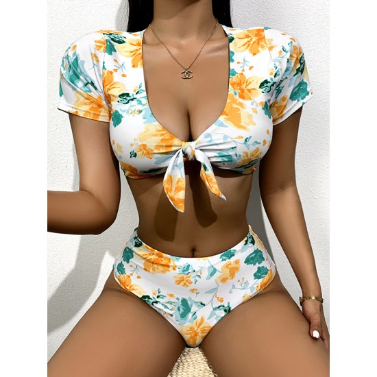 Short Sleeve V-Neck Twist Tankini High-Waisted Fashion Tankini Swimwear Short Sleeve V-Neck Twist Tankini High-Waisted Fashion Tankini Swimwear