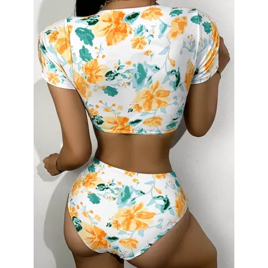 Short Sleeve V-Neck Twist Tankini High-Waisted Fashion Tankini Swimwear Short Sleeve V-Neck Twist Tankini High-Waisted Fashion Tankini Swimwear
