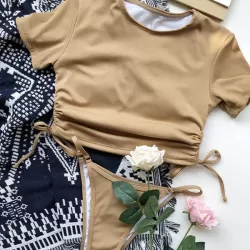 Solid Color Round-Neck Short Sleeve Slim Tankini Swimwear