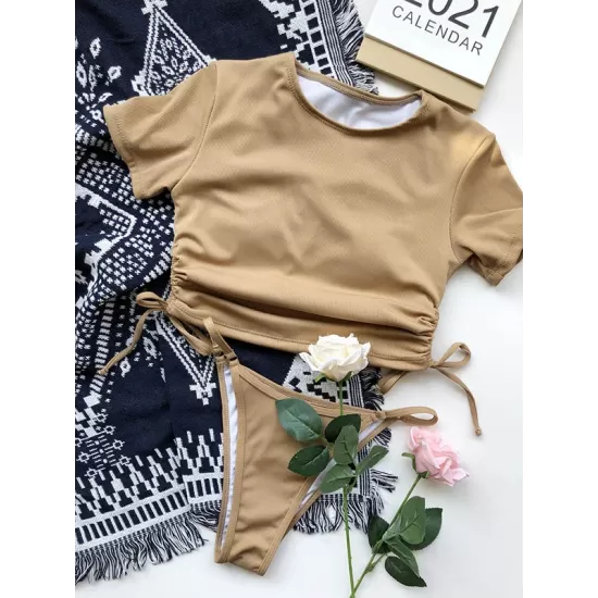 Solid Color Round-Neck Short Sleeve Slim Tankini Swimwear Solid Color Round-Neck Short Sleeve Slim Tankini Swimwear