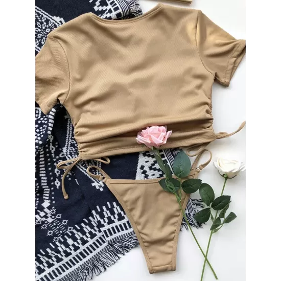 Solid Color Round-Neck Short Sleeve Slim Tankini Swimwear Solid Color Round-Neck Short Sleeve Slim Tankini Swimwear