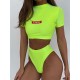 Short-Sleeves Solid Color High-Waist Slim Tankini Swimwear Short-Sleeves Solid Color High-Waist Slim Tankini Swimwear