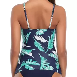 Leaves Printing Backless Slim Tankini Swimsuit