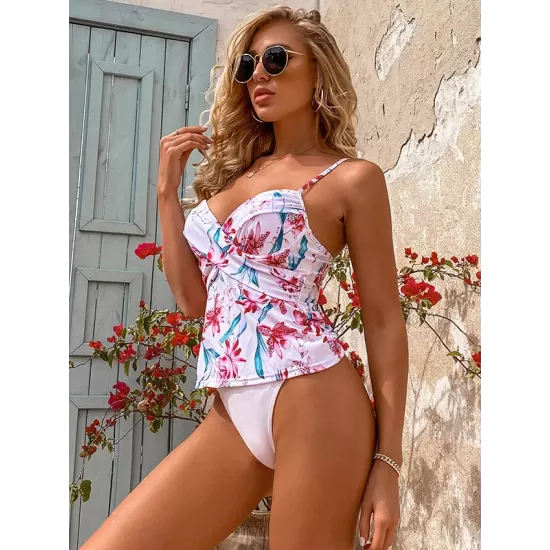 Floral Printed Spaghetti-Neck Tankini Swimsuit Floral Printed Spaghetti-Neck Tankini Swimsuit
