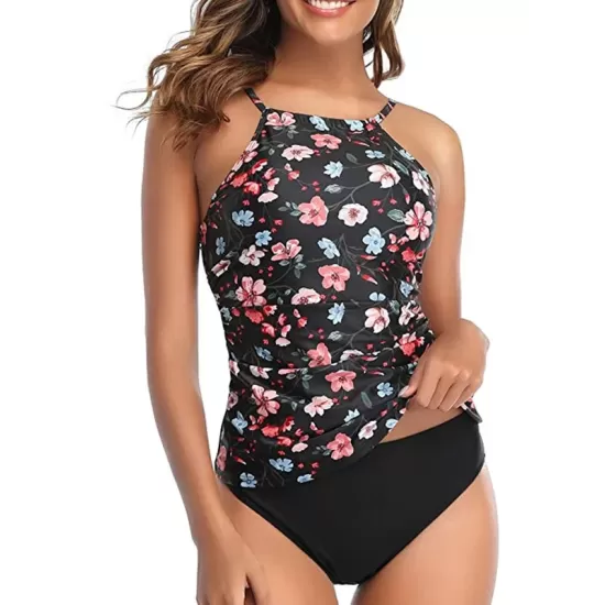 Floral Printed Halterneck High-Waisted Tankini Swimsuit Floral Printed Halterneck High-Waisted Tankini Swimsuit