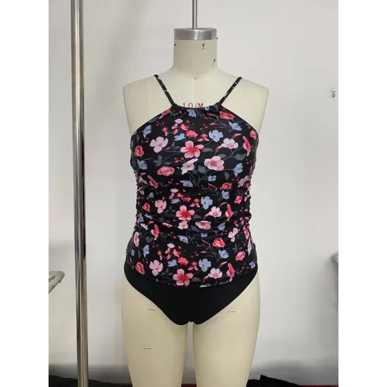 Floral Printed Halterneck High-Waisted Tankini Swimsuit Floral Printed Halterneck High-Waisted Tankini Swimsuit
