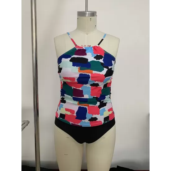 Floral Printed Halterneck High-Waisted Tankini Swimsuit Floral Printed Halterneck High-Waisted Tankini Swimsuit