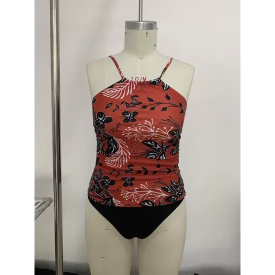 Floral Printed Halterneck High-Waisted Tankini Swimsuit Floral Printed Halterneck High-Waisted Tankini Swimsuit