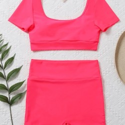 Solid Color Short-Sleeves High-Waisted Tankini Swimwear