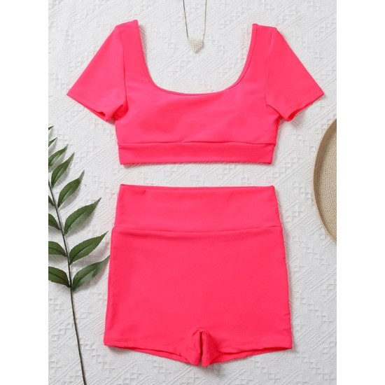 Solid Color Short-Sleeves High-Waisted Tankini Swimwear Solid Color Short-Sleeves High-Waisted Tankini Swimwear