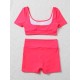 Solid Color Short-Sleeves High-Waisted Tankini Swimwear Solid Color Short-Sleeves High-Waisted Tankini Swimwear