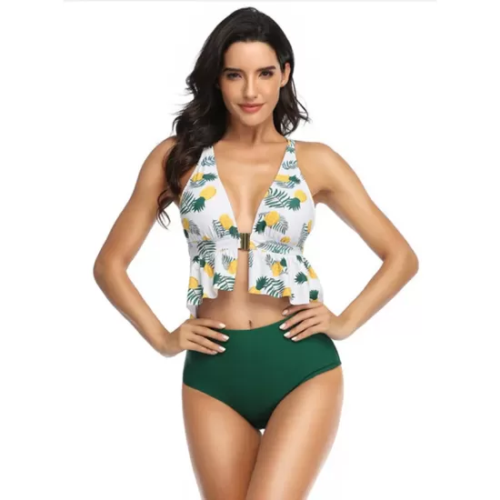 Floral Printed Falbala High-Waisted Backless Tankini Swimwear Floral Printed Falbala High-Waisted Backless Tankini Swimwear