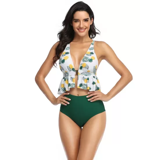 Floral Printed Falbala High-Waisted Backless Tankini Swimwear Floral Printed Falbala High-Waisted Backless Tankini Swimwear