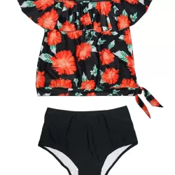 One-Shoulder Floral Printed High-Waisted Tankini Swimwear