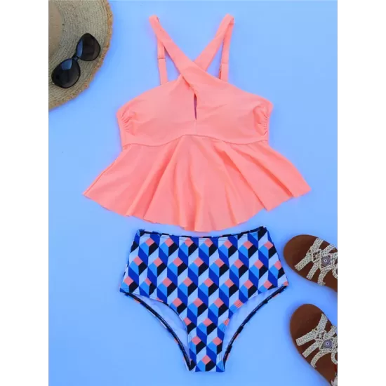 Floral Printed Falbala High-Waisted Tankini Swimwear Floral Printed Falbala High-Waisted Tankini Swimwear
