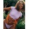 Plain Short Sleeve Split-Joint Drawstring Tankini Swimwear