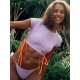 Plain Short Sleeve Split-Joint Drawstring Tankini Swimwear Plain Short Sleeve Split-Joint Drawstring Tankini Swimwear