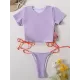 Plain Short Sleeve Split-Joint Drawstring Tankini Swimwear Plain Short Sleeve Split-Joint Drawstring Tankini Swimwear