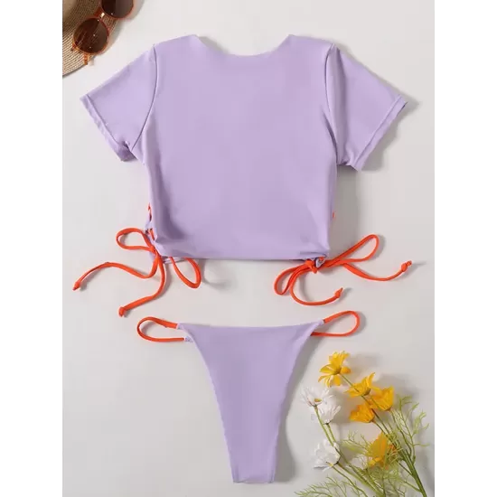 Plain Short Sleeve Split-Joint Drawstring Tankini Swimwear Plain Short Sleeve Split-Joint Drawstring Tankini Swimwear