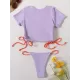 Plain Short Sleeve Split-Joint Drawstring Tankini Swimwear Plain Short Sleeve Split-Joint Drawstring Tankini Swimwear