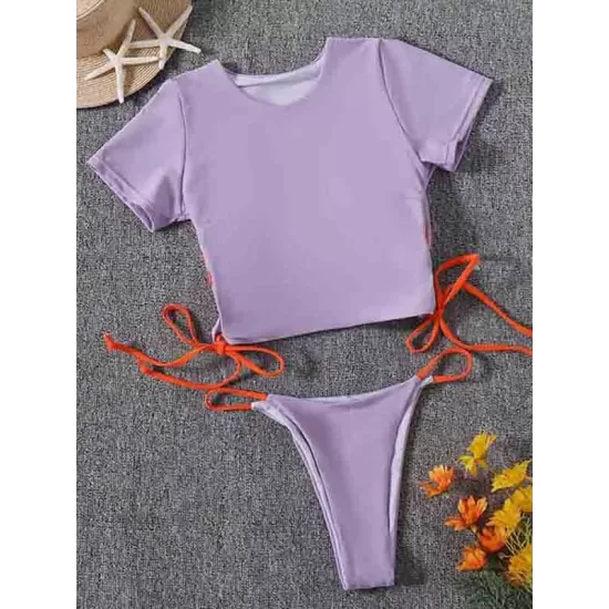 Plain Short Sleeve Split-Joint Drawstring Tankini Swimwear Plain Short Sleeve Split-Joint Drawstring Tankini Swimwear