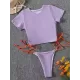 Plain Short Sleeve Split-Joint Drawstring Tankini Swimwear Plain Short Sleeve Split-Joint Drawstring Tankini Swimwear