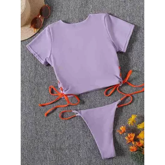 Plain Short Sleeve Split-Joint Drawstring Tankini Swimwear Plain Short Sleeve Split-Joint Drawstring Tankini Swimwear