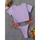 Plain Short Sleeve Split-Joint Drawstring Tankini Swimwear Plain Short Sleeve Split-Joint Drawstring Tankini Swimwear