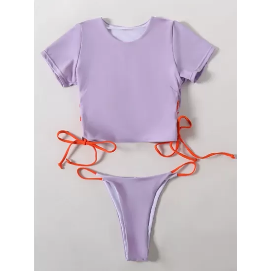 Plain Short Sleeve Split-Joint Drawstring Tankini Swimwear Plain Short Sleeve Split-Joint Drawstring Tankini Swimwear