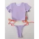 Plain Short Sleeve Split-Joint Drawstring Tankini Swimwear Plain Short Sleeve Split-Joint Drawstring Tankini Swimwear
