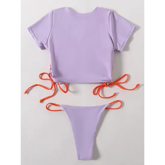 Plain Short Sleeve Split-Joint Drawstring Tankini Swimwear Plain Short Sleeve Split-Joint Drawstring Tankini Swimwear