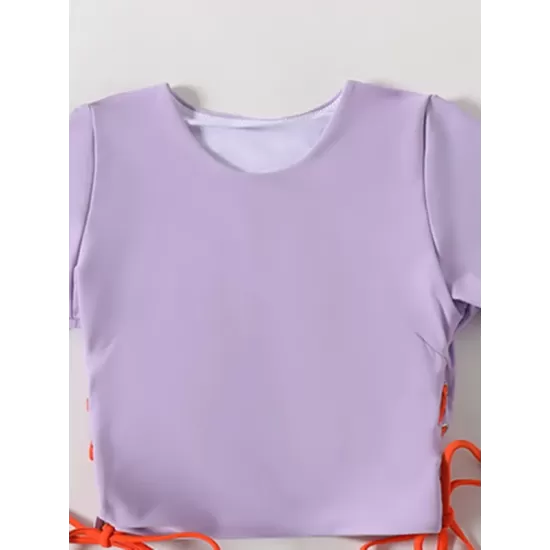 Plain Short Sleeve Split-Joint Drawstring Tankini Swimwear Plain Short Sleeve Split-Joint Drawstring Tankini Swimwear