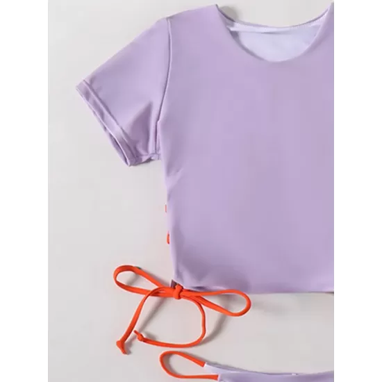 Plain Short Sleeve Split-Joint Drawstring Tankini Swimwear Plain Short Sleeve Split-Joint Drawstring Tankini Swimwear
