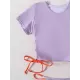 Plain Short Sleeve Split-Joint Drawstring Tankini Swimwear Plain Short Sleeve Split-Joint Drawstring Tankini Swimwear