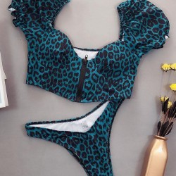 Leopard Print Zipper Short Sleeves Split Bikini Swimsuit