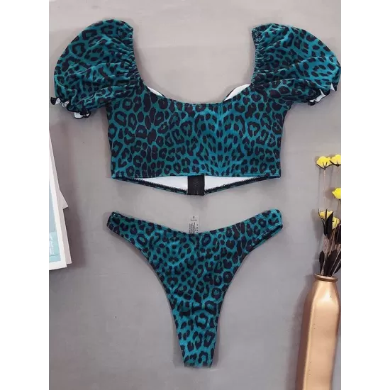Leopard Print Zipper Short Sleeves Split Bikini Swimsuit Leopard Print Zipper Short Sleeves Split Bikini Swimsuit