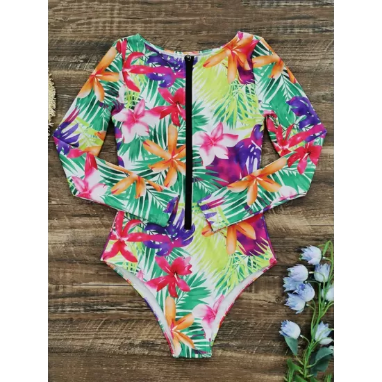 Fashion Floral Print Zipper Sexy One-Piece Wetsuit Swimwear Fashion Floral Print Zipper Sexy One-Piece Wetsuit Swimwear