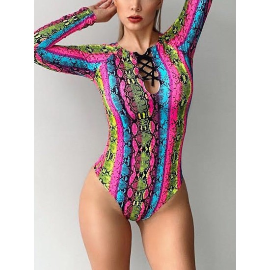 Long Sleeve Color-Block Snake-Print Bandage Wetsuit Long Sleeve Color-Block Snake-Print Bandage Wetsuit